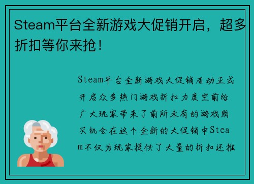 Steam平台全新游戏大促销开启，超多折扣等你来抢！
